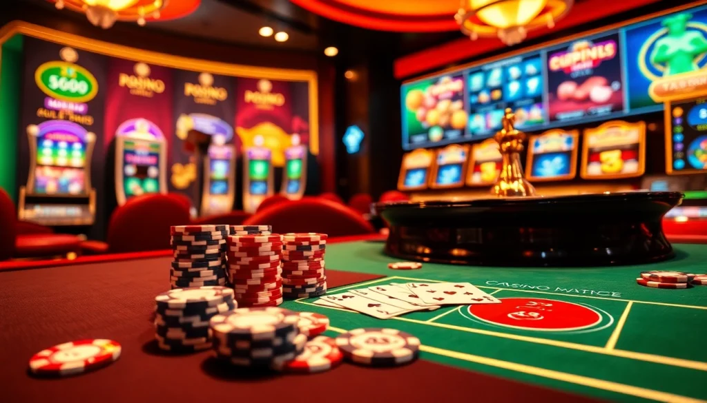 Scène excitante de casino en ligne argent réel avec des jetons de poker vibrants et une roue de roulette.