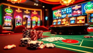 Scène excitante de casino en ligne argent réel avec des jetons de poker vibrants et une roue de roulette.