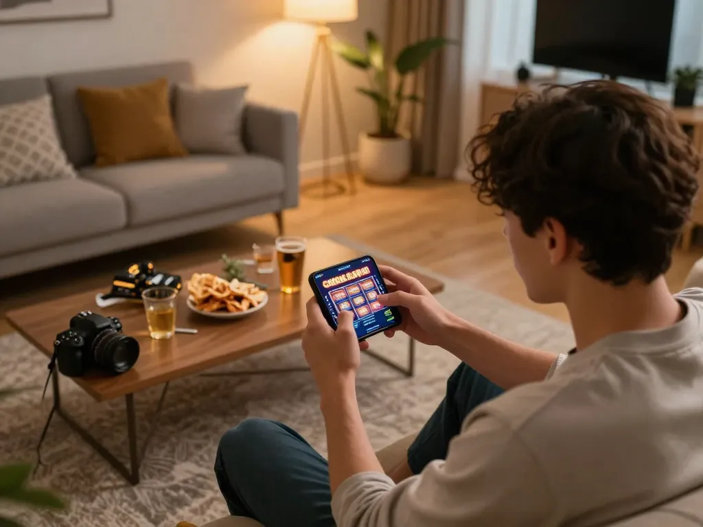 Enjoying the mega888 apk gameplay on a smartphone in a cozy living room.