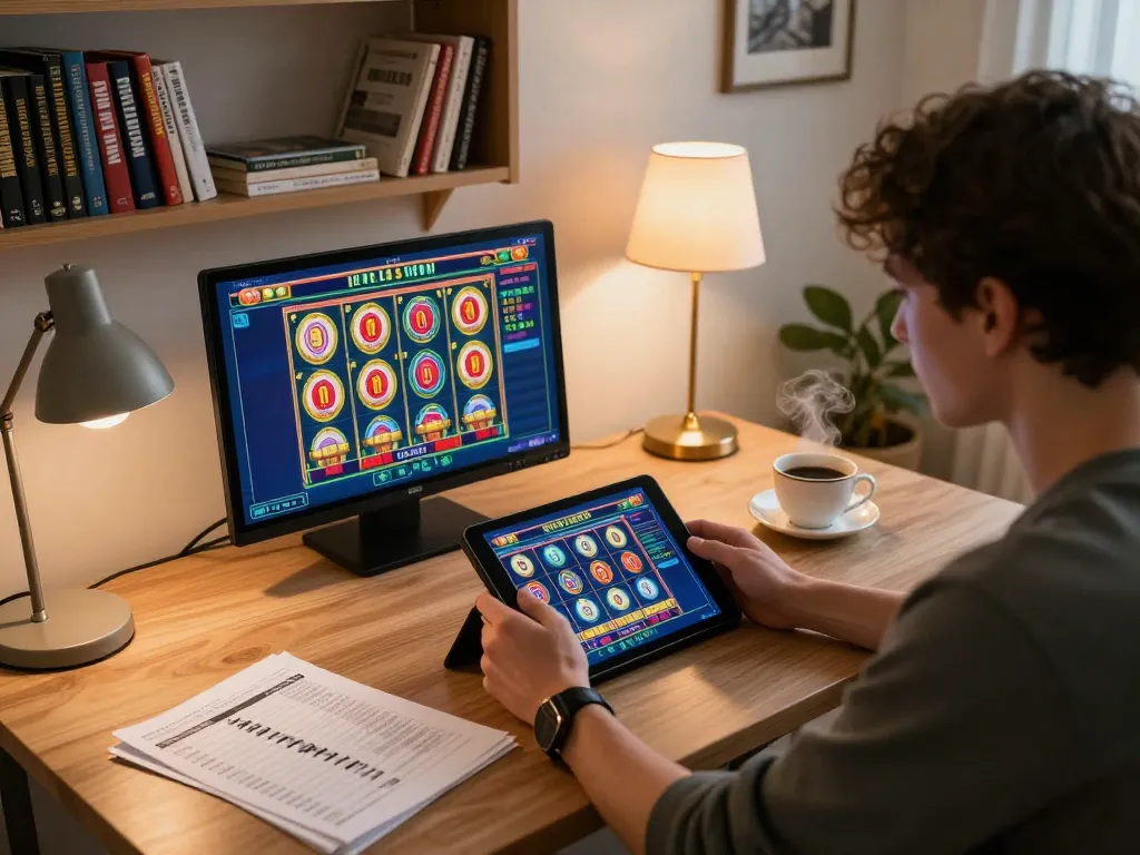 Engaging slot game action on tablet during a cozy home gaming session with strategic notes