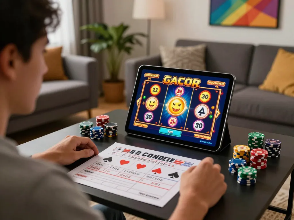 Experience the thrill of slot gacor gaming with a player enjoying a vibrant online game in a cozy home setting