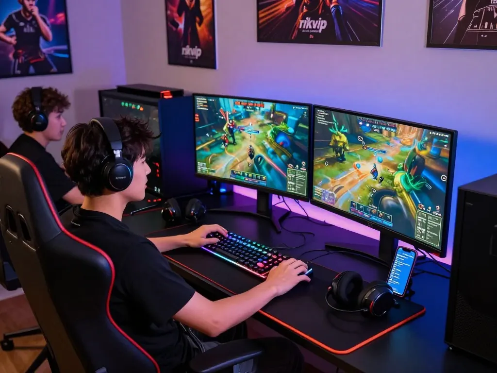 Exciting scene depicting a gamer enjoying rikvip trực tuyến with vibrant games and engaging community interactions.
