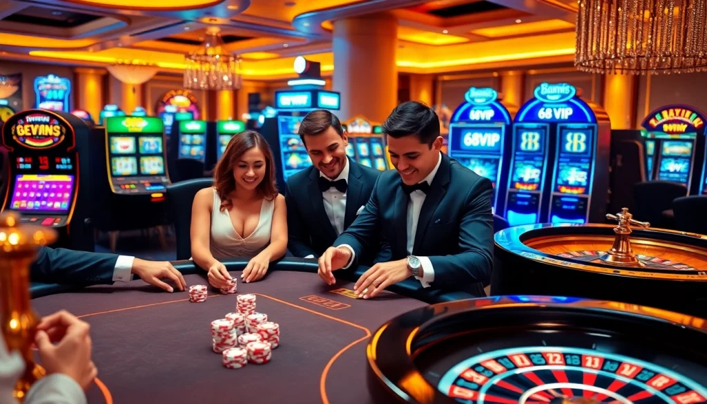 Experience the thrill of winning at 68VIP with a luxurious poker table and vibrant casino scene.