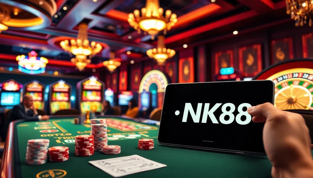 NK88 players engaging in a thrilling casino game with vibrant lights and professional ambiance.