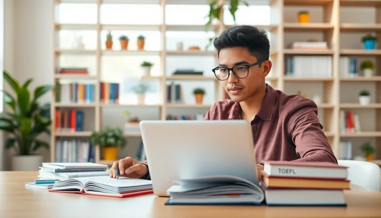 Engaged student studying for the TOEFL, representing the option to pay someone to take toefl.