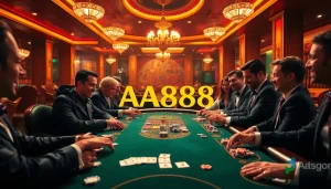 Experimente jogabilidade emocionante na mesa de poker luxuosa da AA888, cercada por jogadores empolgados e uma atmosfera vibrante.