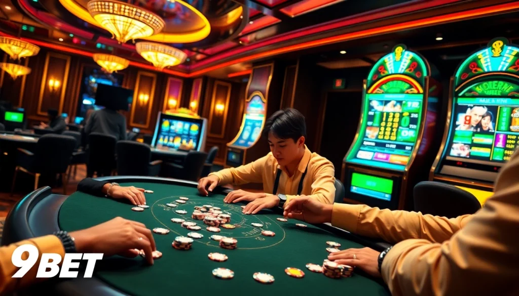 9BET casino players engaging in a high-stakes poker game at a luxurious table with vibrant chips.