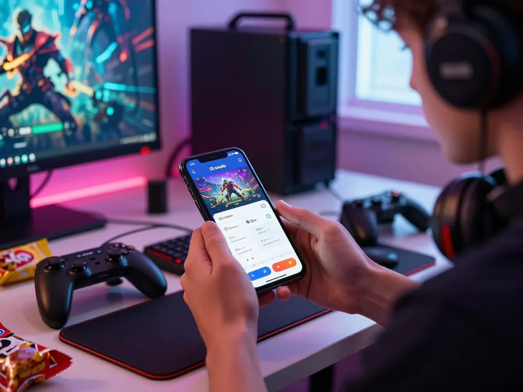 Player downloading tải sunwin on a mobile device surrounded by gaming lights and accessories.