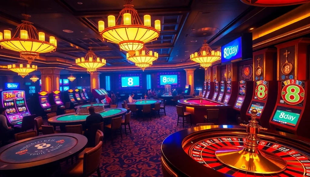 A vibrant casino scene showcasing gamblers at tables with poker chips and roulette wheels, embodying excitement on 8day.