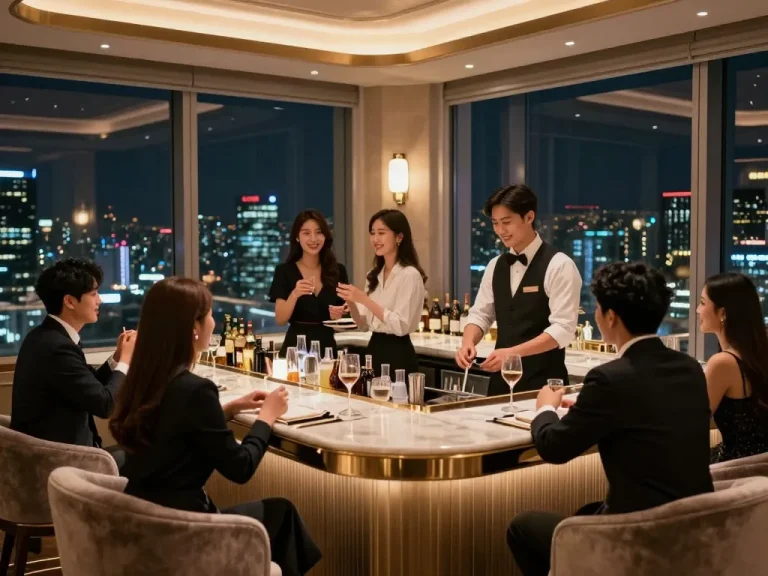 Enjoying a sophisticated evening at 강남쩜오 with elegant decor and lively atmosphere.