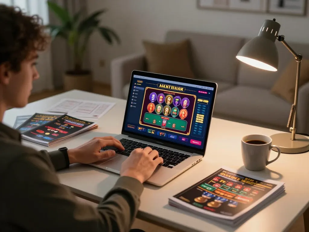 Kuwin user enjoying online casino gaming at home with a laptop displaying exciting games.