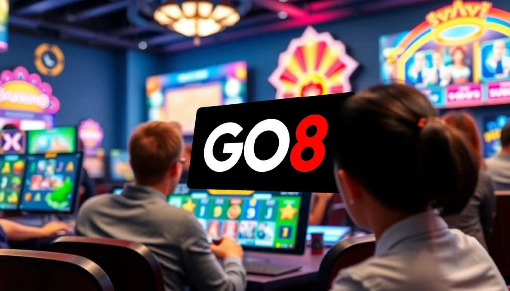 GO8 online gaming platform showcasing vibrant casino games and excited players engaging in a dynamic environment.