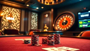 Rasakan permainan yang mendebarkan di kasino online KIT4D dengan chip poker berwarna-warni dan roda roulette.