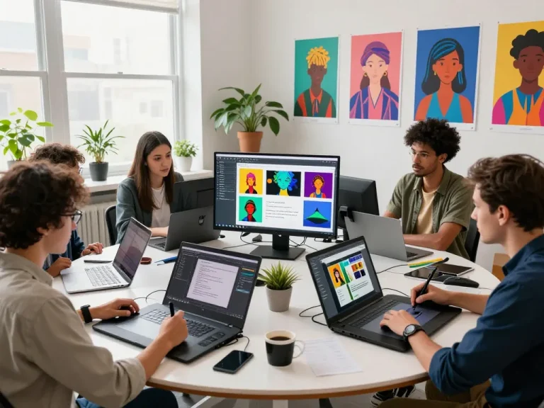 Team collaborating on innovative image-to-prompt technology in a vibrant digital art studio.