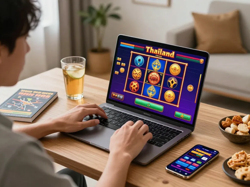 Engaged player exploring slot Thailand games online with colorful slot graphics on screen