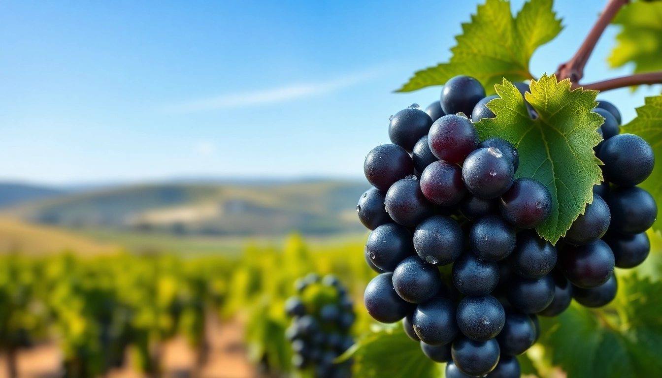 Tempranillo grape cluster glistening with dew in a serene vineyard setting.