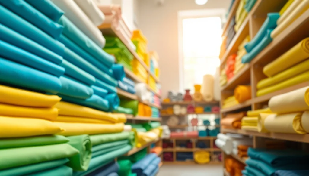 Vibrant uni katoen stof rolls in a cheerful textile shop, inviting creativity.