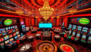 E2bet casino scene with vibrant slot machines, poker tables, and roulette wheels.