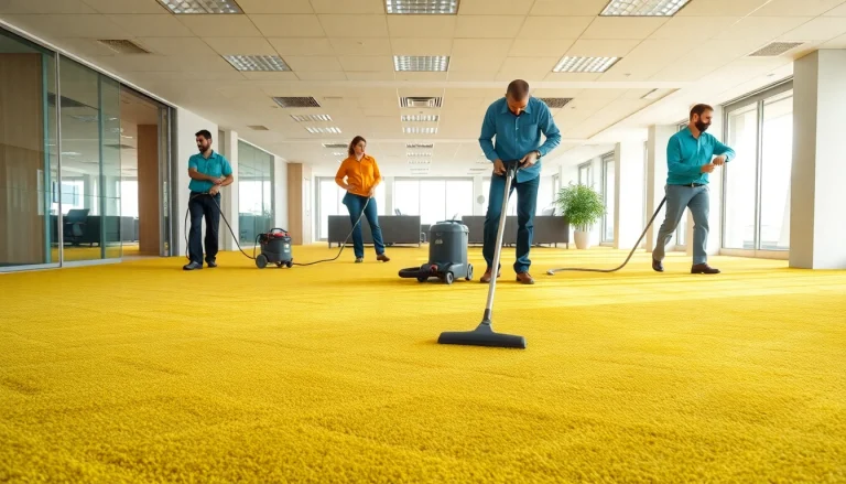 Perform commercial carpet cleaning in an office setting with vibrant carpets and professional tools.