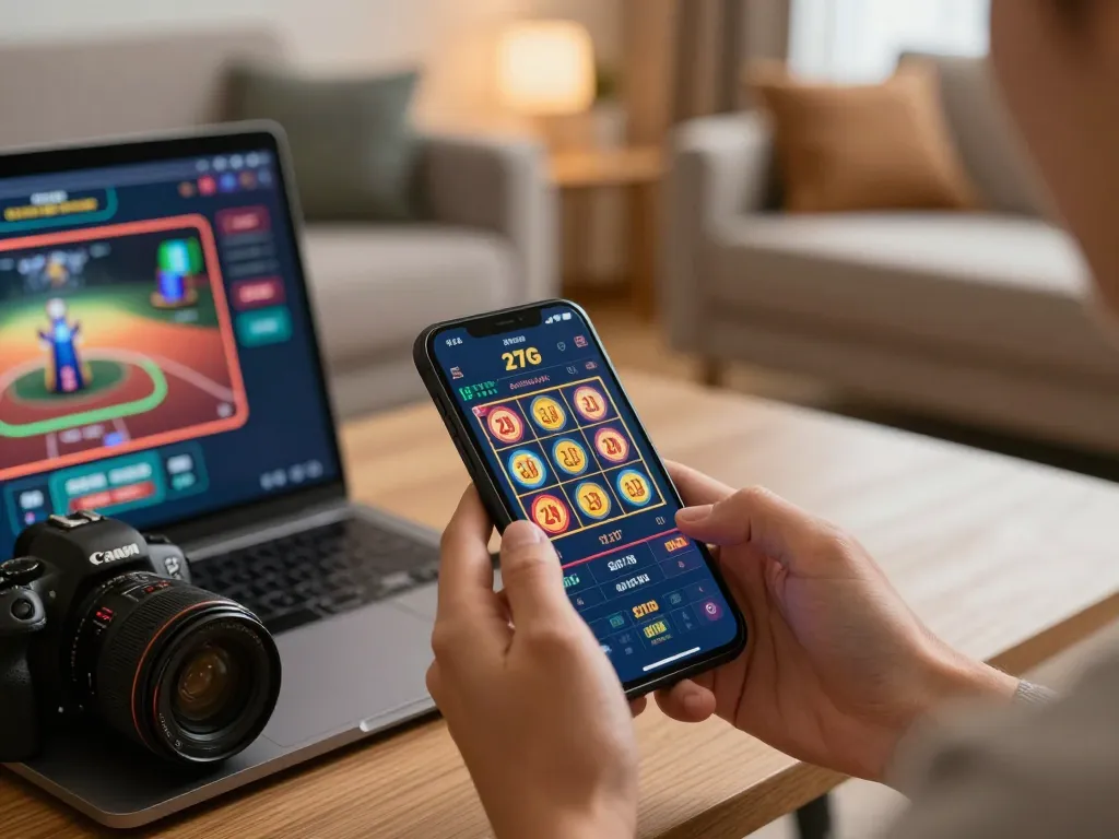 Person enjoying the 27G casino app on their smartphone while playing slots at home.