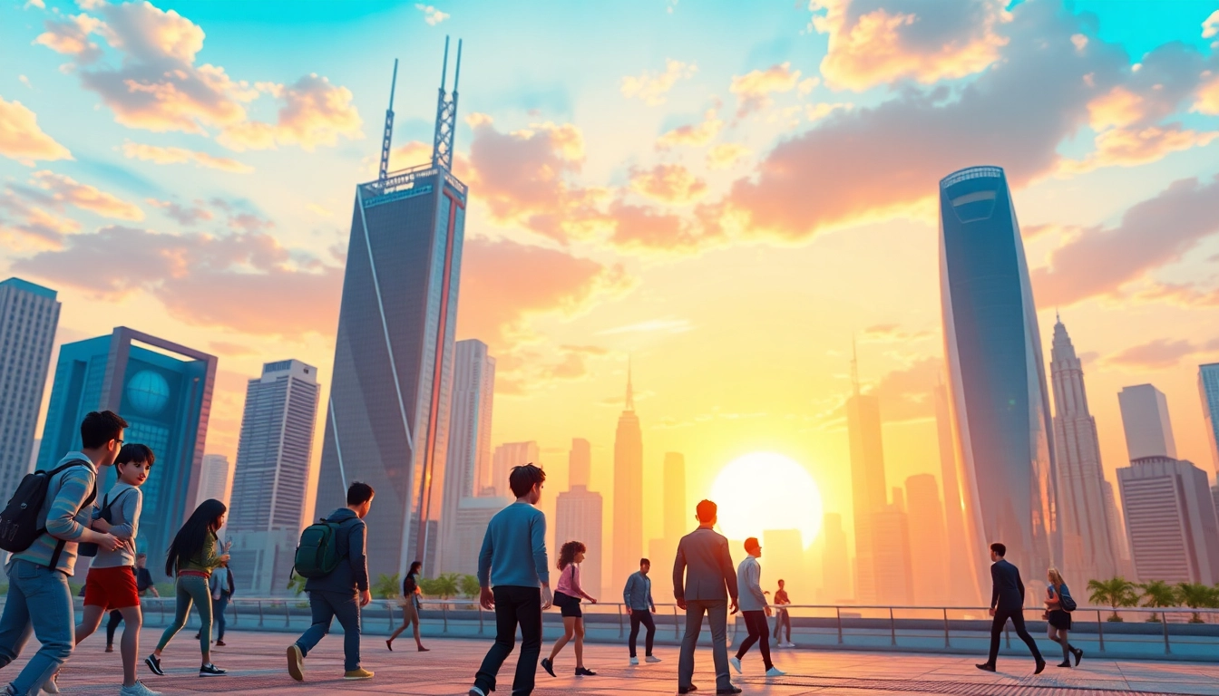 3D Animation characters dynamically interacting in a vibrant futuristic cityscape.