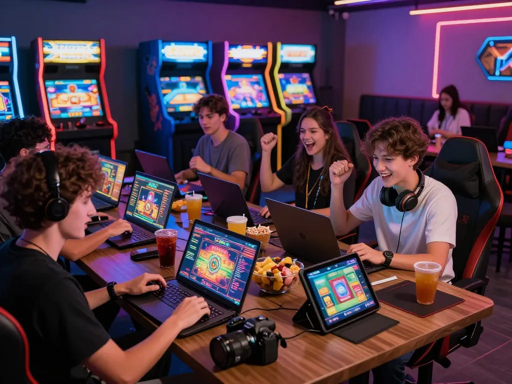 Engaging Kwin gaming scene with players enjoying arcade games and vibrant atmosphere.