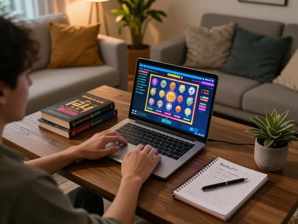 Engaging in Slot Online gaming strategy at a cozy home setup with laptop and notes.