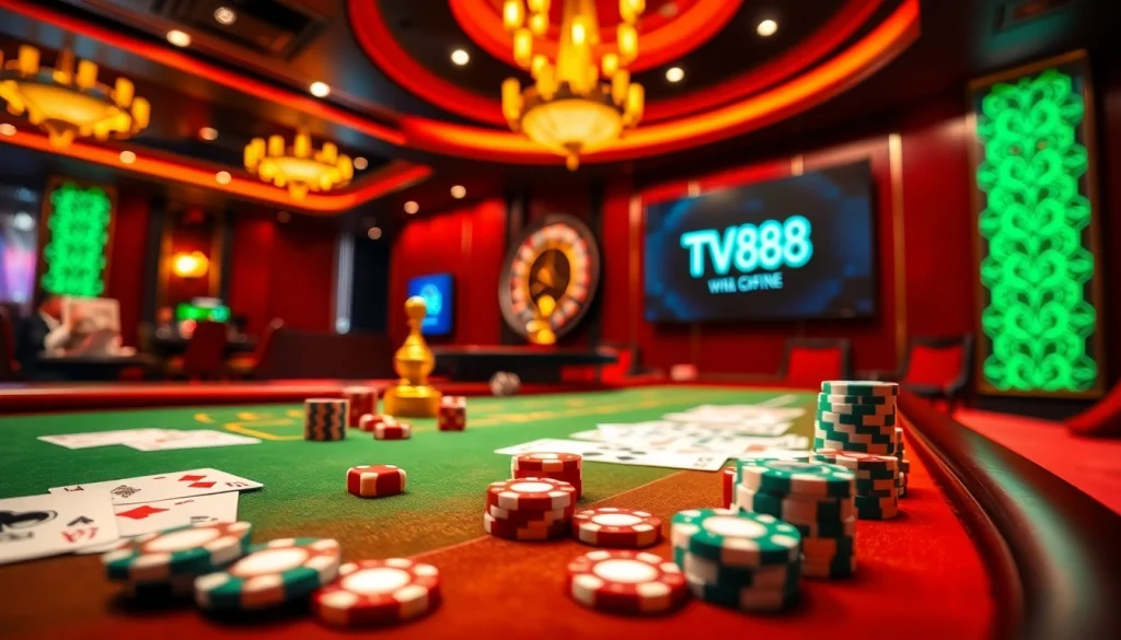 Players enjoy exciting games at TV88 casino, featuring vibrant poker tables, chips, and cards.