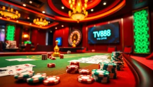 Players enjoy exciting games at TV88 casino, featuring vibrant poker tables, chips, and cards.