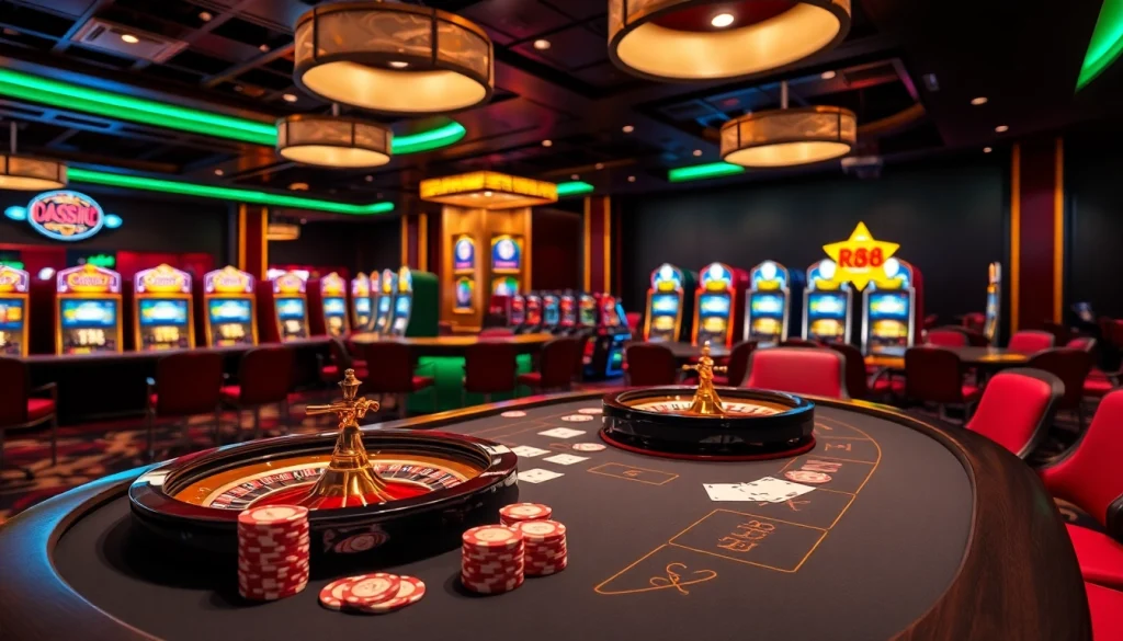 Experience excitement at rr88 casino with poker chips and a roulette wheel in a luxurious setting.