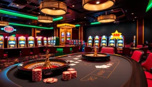 Experience excitement at rr88 casino with poker chips and a roulette wheel in a luxurious setting.