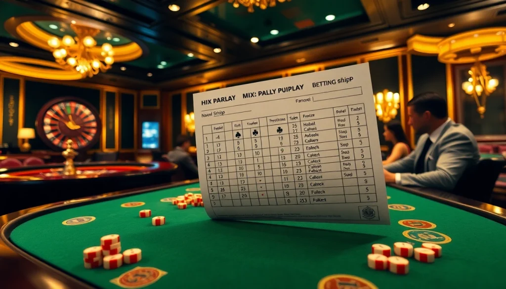 Excited gamblers placing bets on bandar mix parlay at a luxurious casino table.