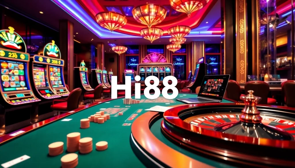 Players enjoying the thrilling games at Hi88 online casino, showcasing vibrant slot machines and poker tables.