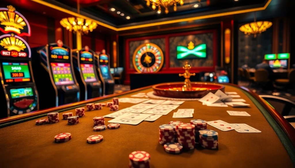 Exciting casino scene featuring RR88 poker table and vibrant slot machines.