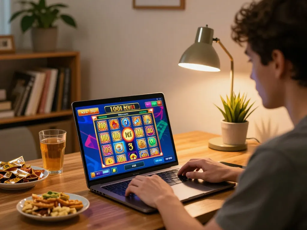 Pemain menikmati pengalaman permainan dalam talian 100 cuci di laptop dalam suasana rumah yang selesa