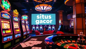 Situs Gacor diterangi pada mesin slot di lingkungan kasino yang ramai dengan chip poker.