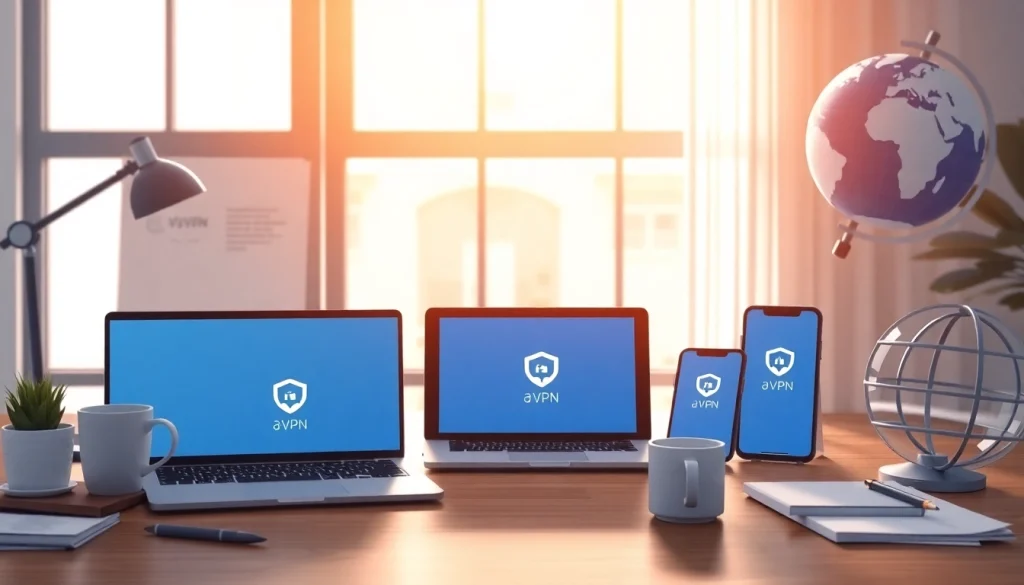 在一个安全、现代化的工作环境中，快连VPN 应用程序在多台设备上显示。