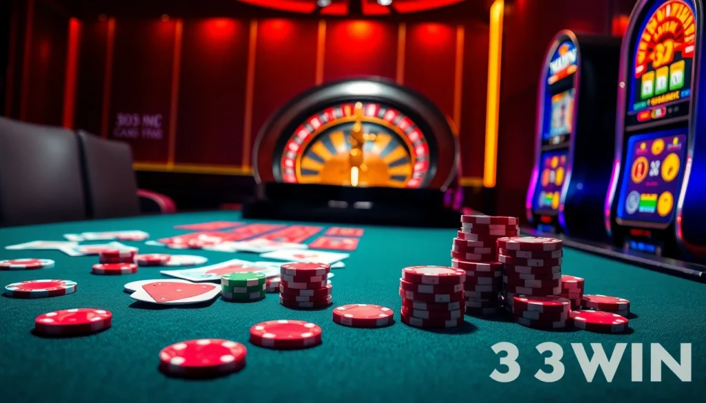 Experience the thrill of gambling at 33WIN with vibrant casino elements and exciting gameplay.