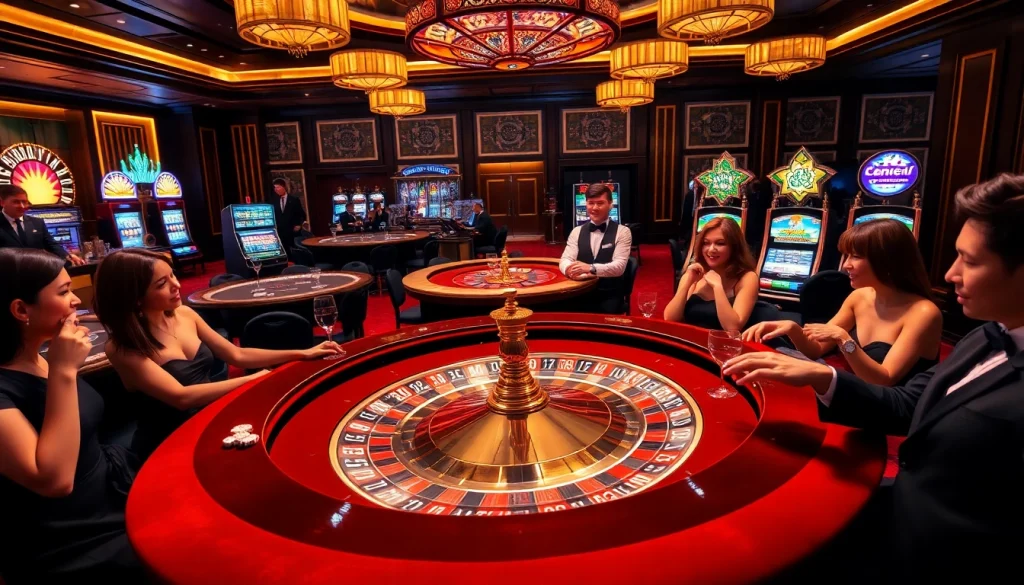 Players enjoying a thrilling roulette game at QQ88 Casino, showcasing excitement and luxury.