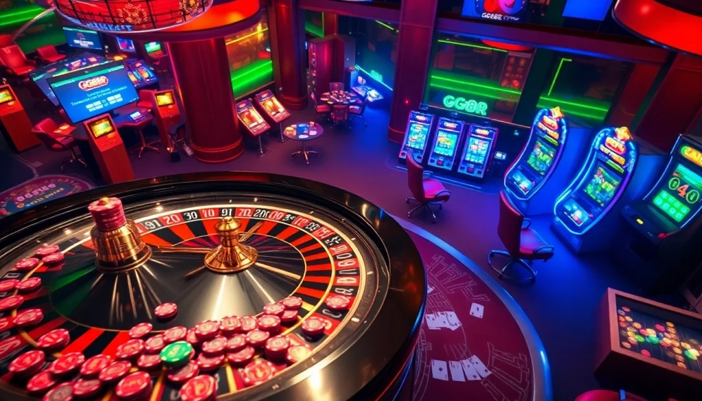 GG88 players celebrating their wins at a luxurious casino with roulette and poker tables.