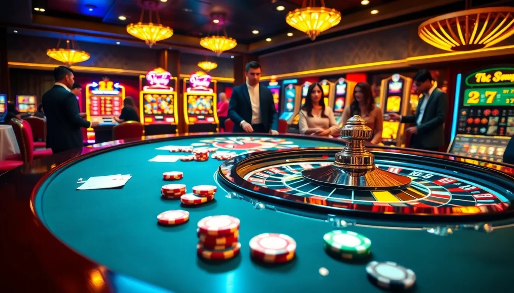 new88 players enjoying a thrilling game at a luxurious casino table with roulette and poker chips.
