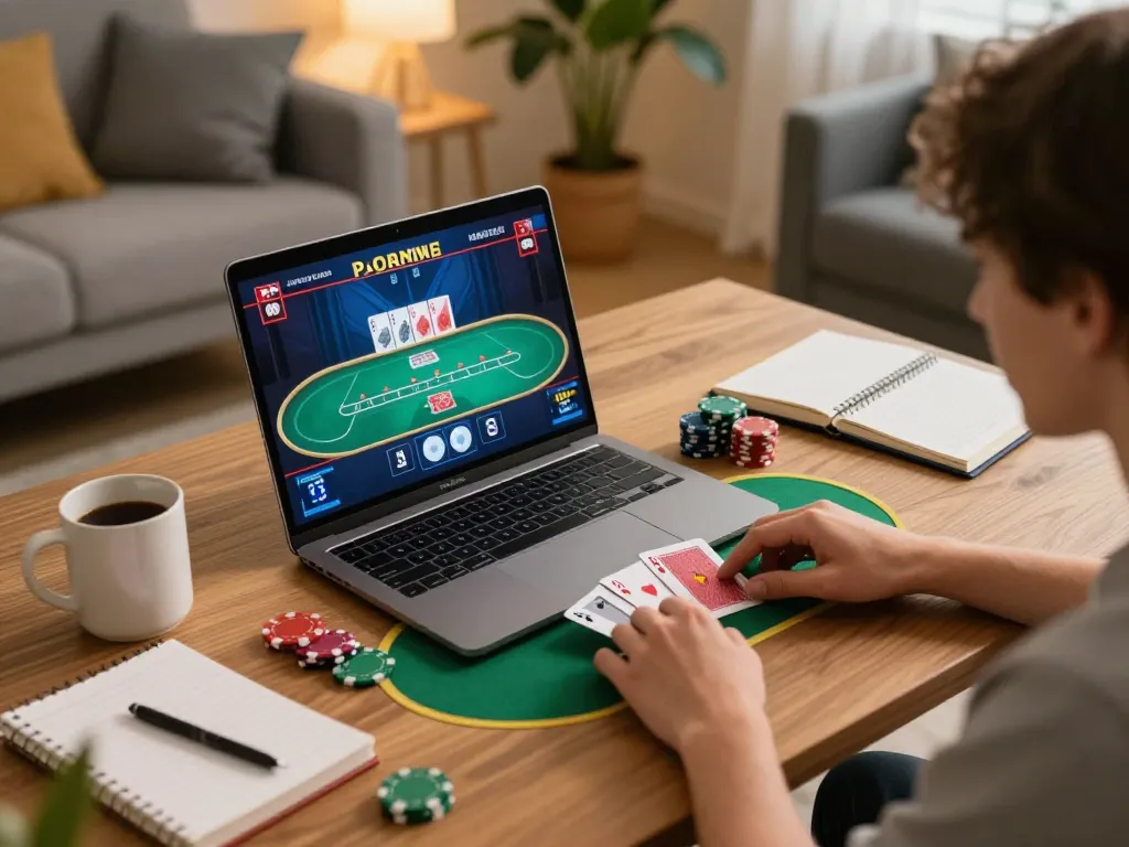 Experience interactive online poker with 75W gaming on a laptop in a cozy home setting