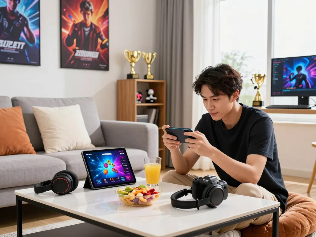 Engaged gamer enjoying AUTOWIN88 in a modern living room with mobile device.