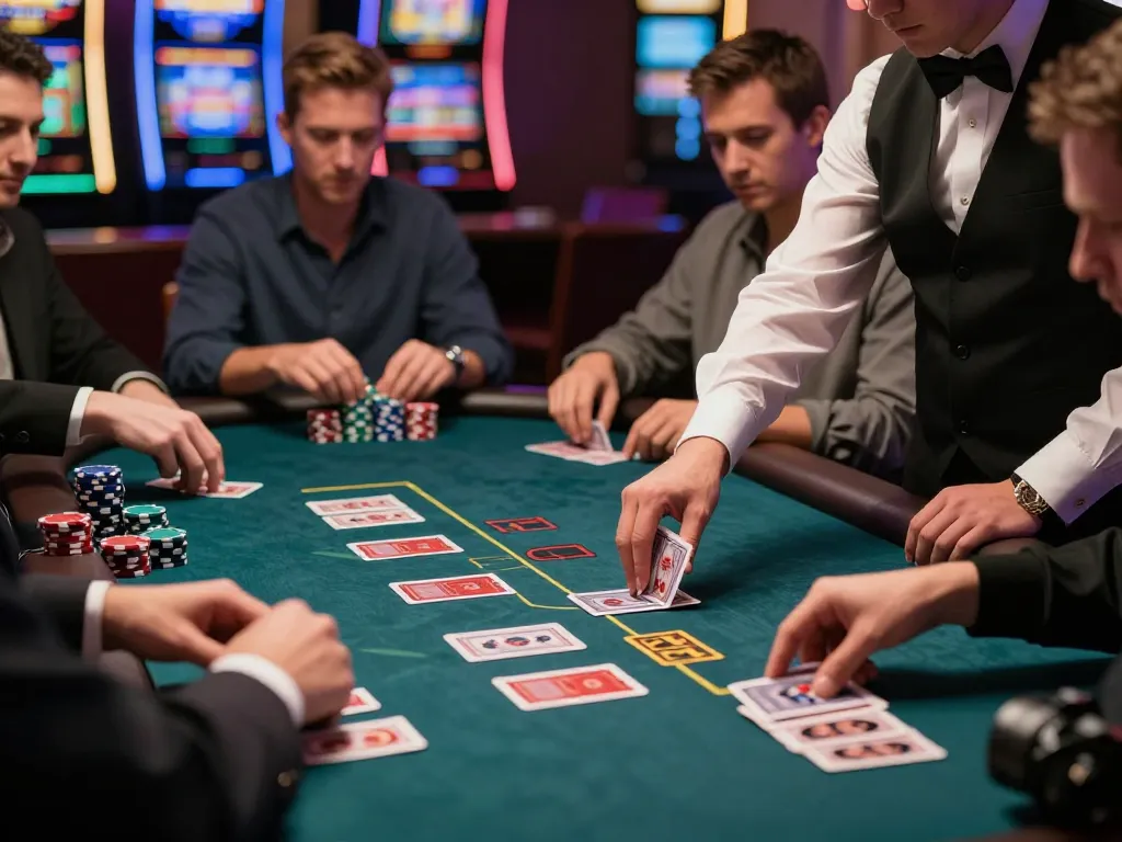 A thrilling moment at an Agen Casino Online blackjack table with players engaged in strategic gameplay.