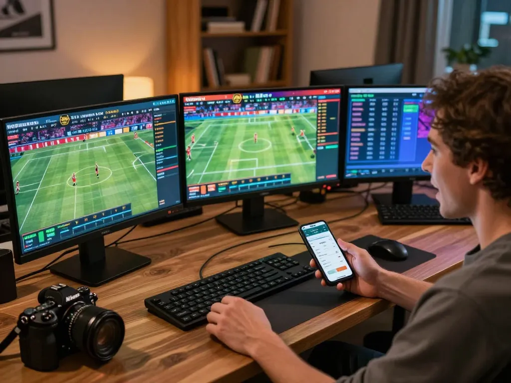 MM88 sports betting enthusiast engaged in live betting with multiple screens and a smartphone.
