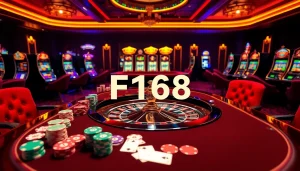Experience thrilling gameplay at F168's vibrant casino with poker chips and cards.