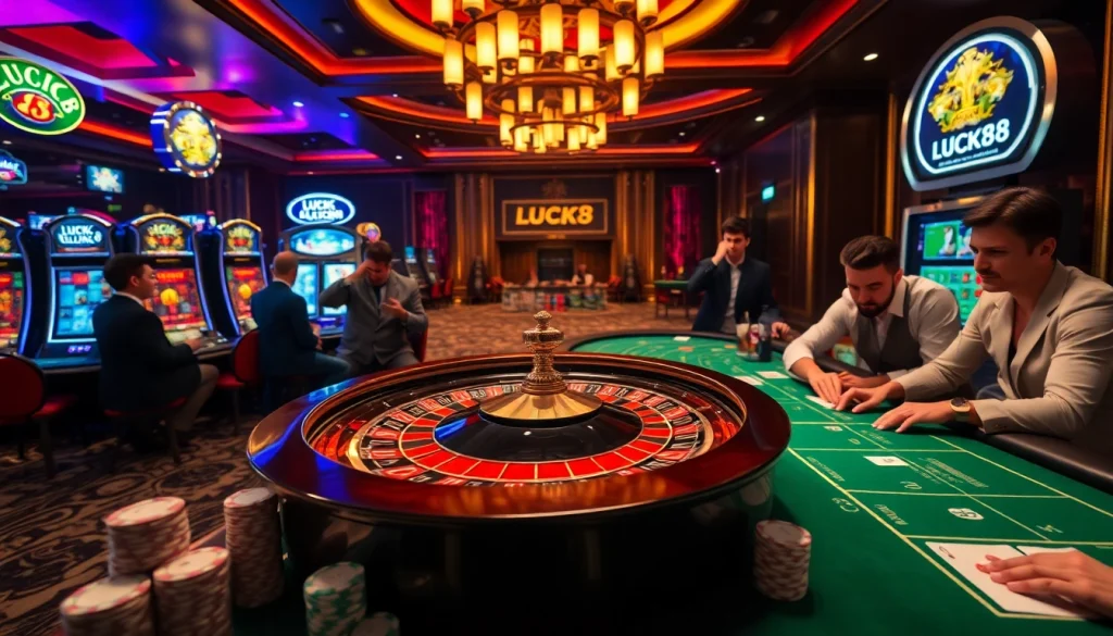 LUCK8 showcases a thrilling casino scene with players enjoying roulette and blackjack tables in an upscale environment.