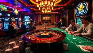 LUCK8 showcases a thrilling casino scene with players enjoying roulette and blackjack tables in an upscale environment.
