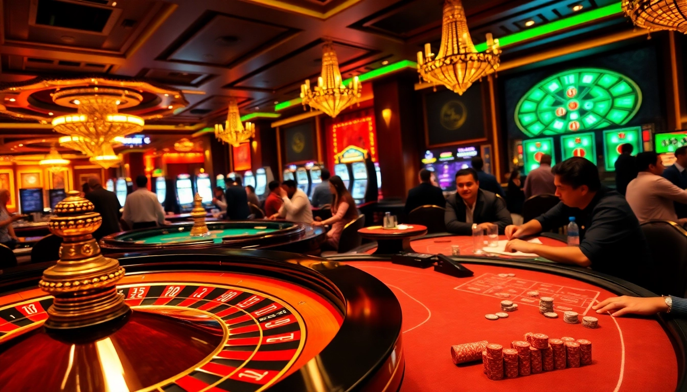 Experience high-stakes gaming with Lanka Ads at a luxurious casino featuring roulette and poker tables.
