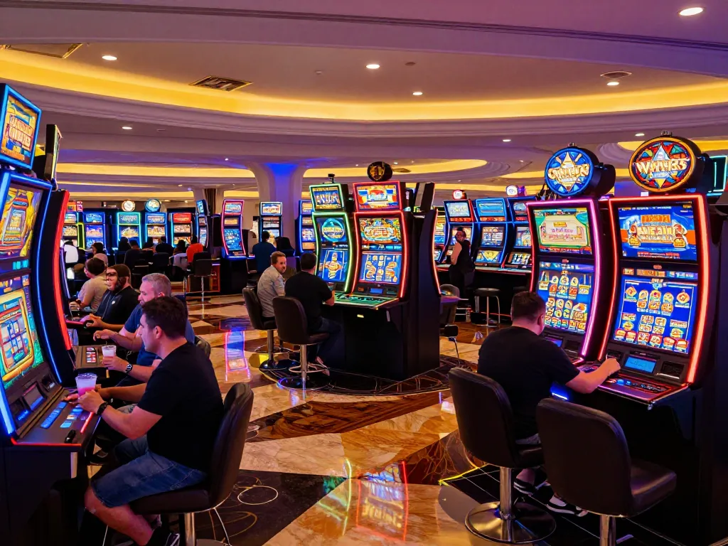 FC88 players enjoying vibrant slot machines in a thrilling Las Vegas casino environment